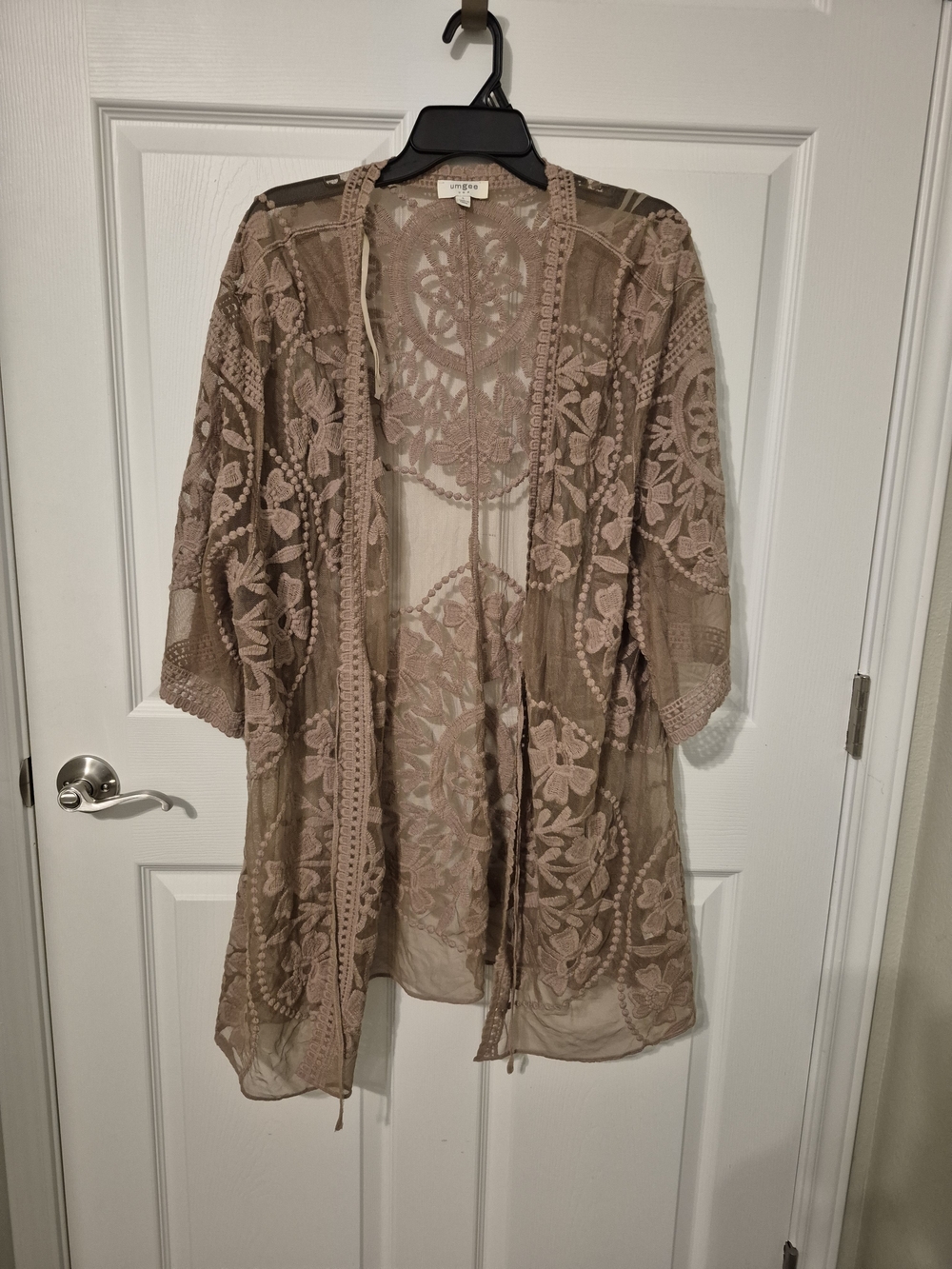 Umgee Taupe Crochet Lace Sheer Kimono Wrap